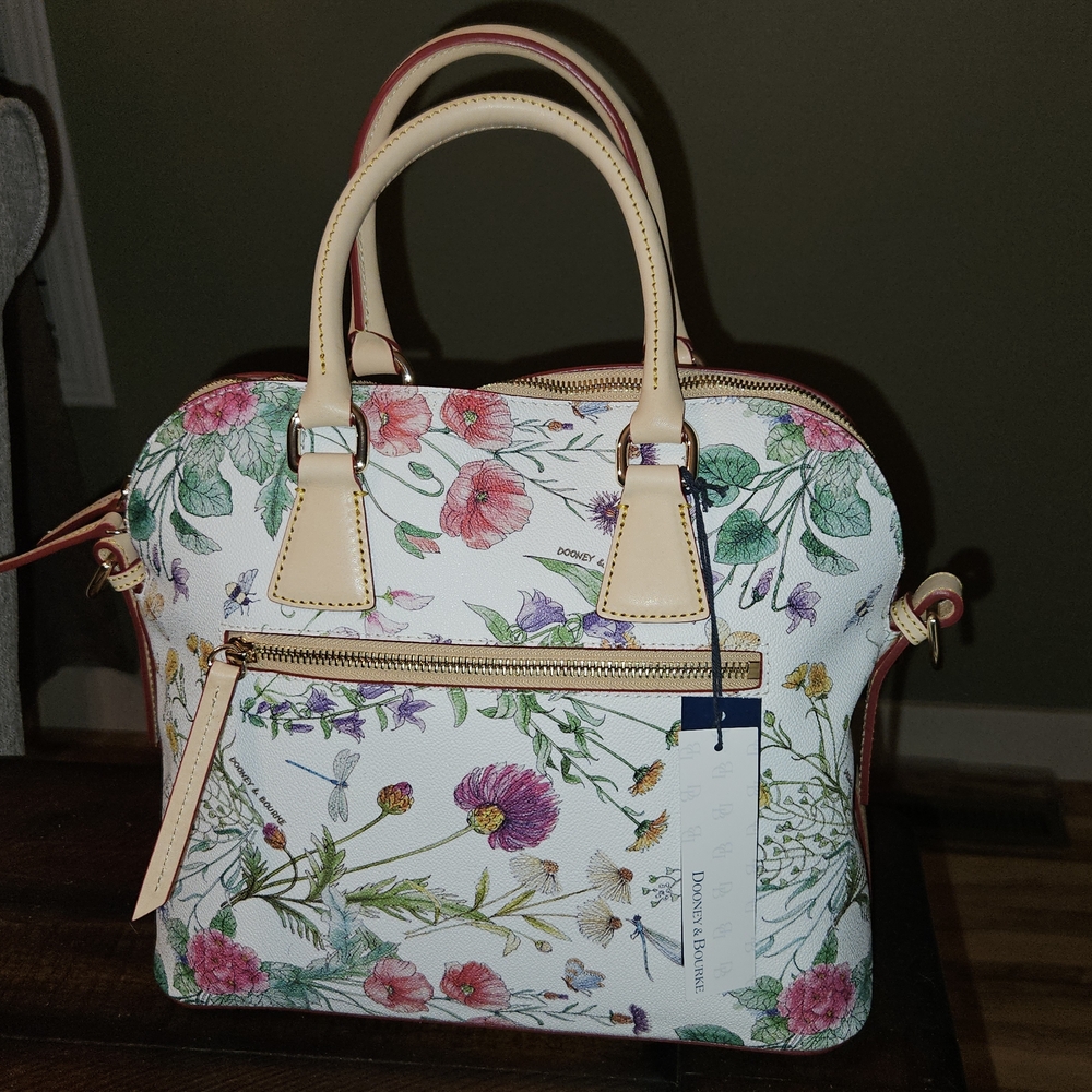 Dooney & Bourke White Floral Satchel with Tan Handles - Picture 11 of 13